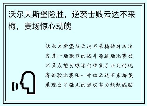 沃尔夫斯堡险胜，逆袭击败云达不来梅，赛场惊心动魄