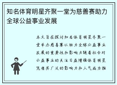 知名体育明星齐聚一堂为慈善赛助力全球公益事业发展